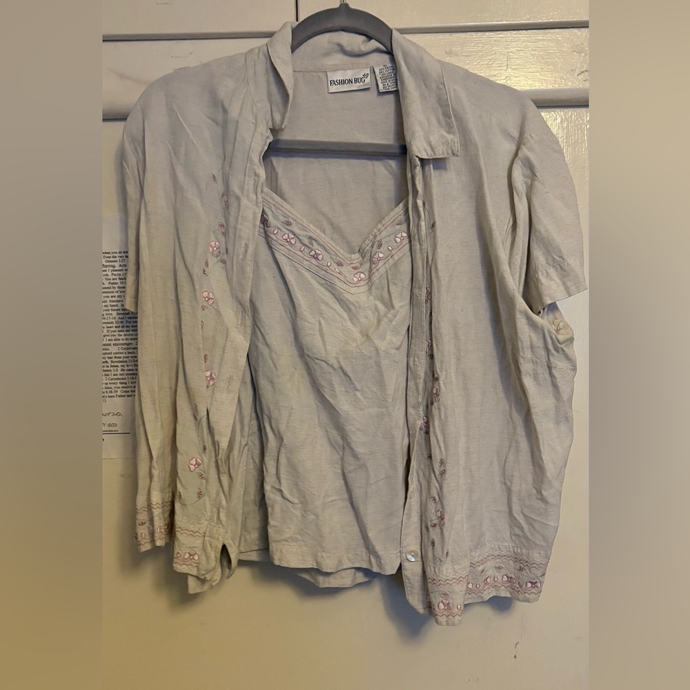 Fashion Bug Light Gray Top with Pink Embroidery